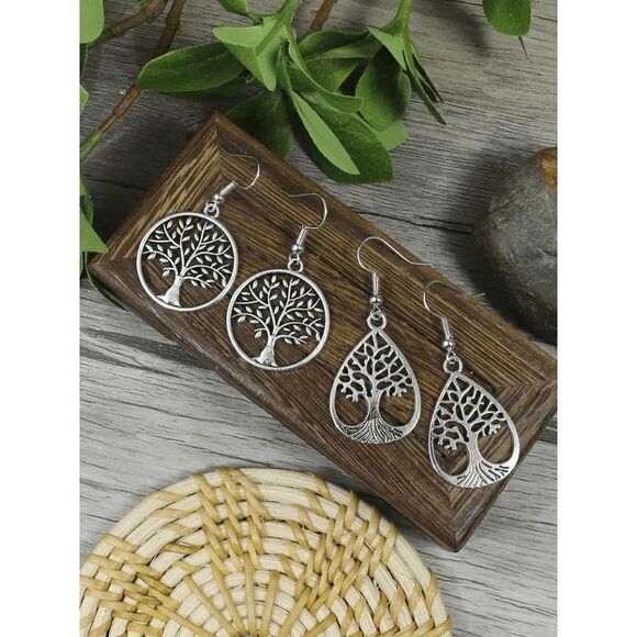 Antique Silver Vintage Style Round Drop Shape Hollow Tree Of Life Dangle Earring - Picture 5 of 8